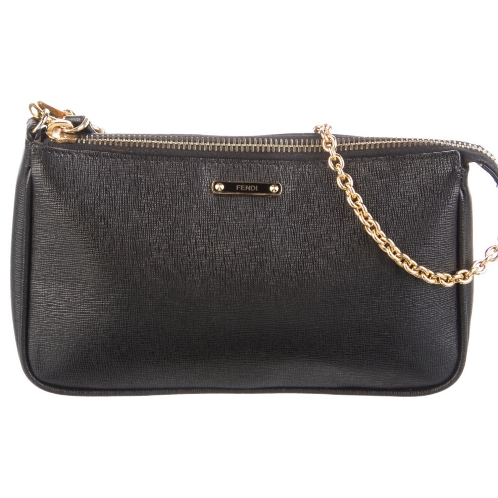 Fendi black calf leather pouchette with golden chain - 100% authentic